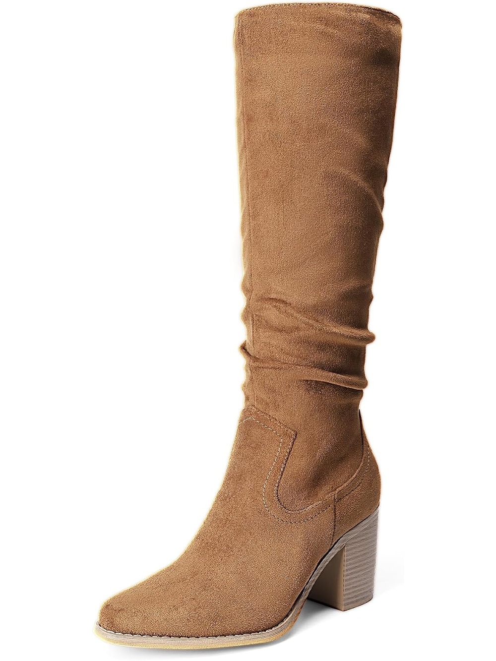 Women Camel Pointed Toe Slouchy Knee-High Top Stretches Chunky Heel Chelsea Boot